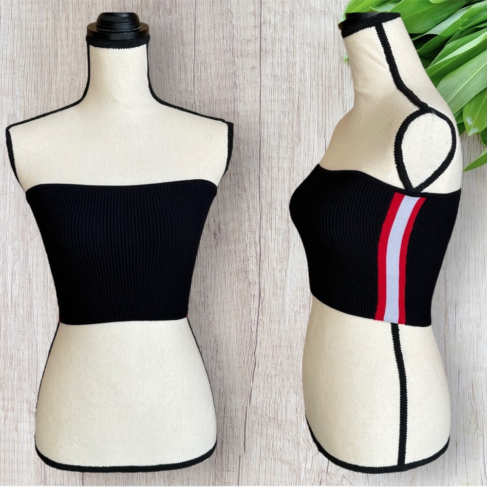 Aritzia Babaton Black Ribbed Crop Tube Top Red White Stripes Size Small